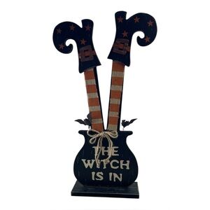 Halloween Decor Wooden Floor Sign The Witch Is In Flying Bats Legs Cauldron 23”